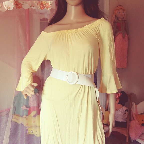 ⬇️ Yellow Off Shoulder 3/4 Bell Sleeve Midi Dress - Picture 1 of 8